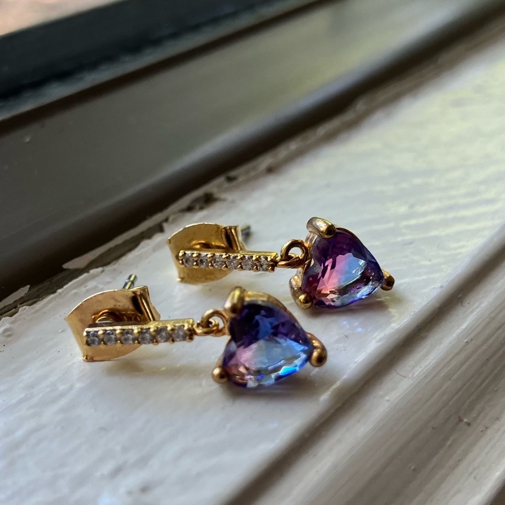 Small blue/pink/purple CZ heart drop earrings (originally $30 on Etsy) - Picture 4 of 6